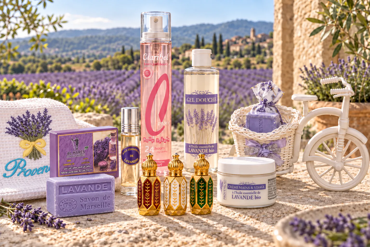 Le comptoir Maison Lavandin devant un champ de lavande : gel douche et crème mains et visage à la lavande bio, savon d’Alep Al Hares, savon de Marseille, huile de lavandin, muscs et brume