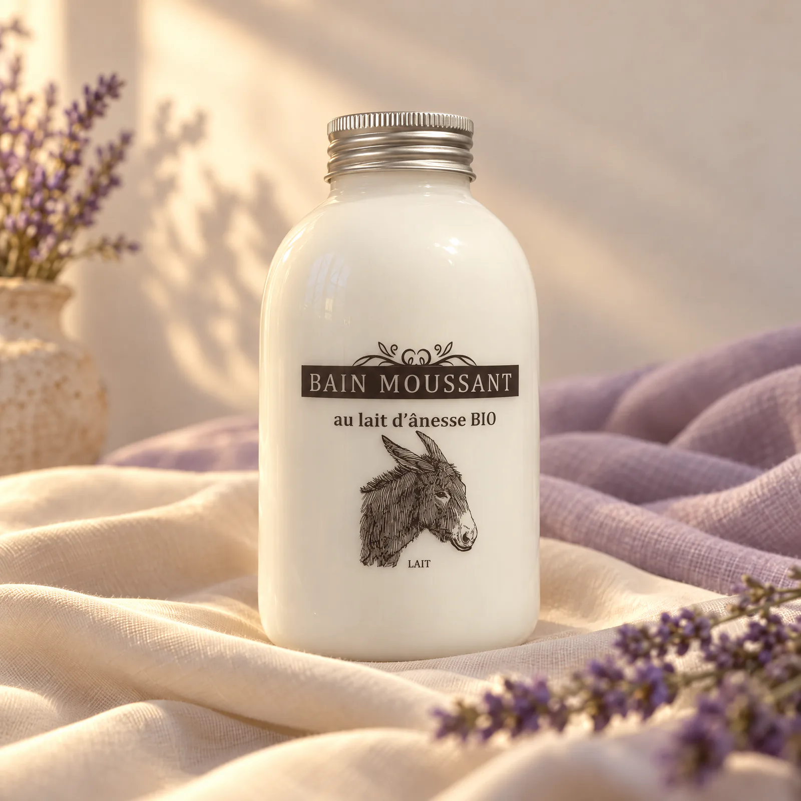 Flacon blanc de bain moussant au lait d’ânesse bio avec bouchon en aluminium