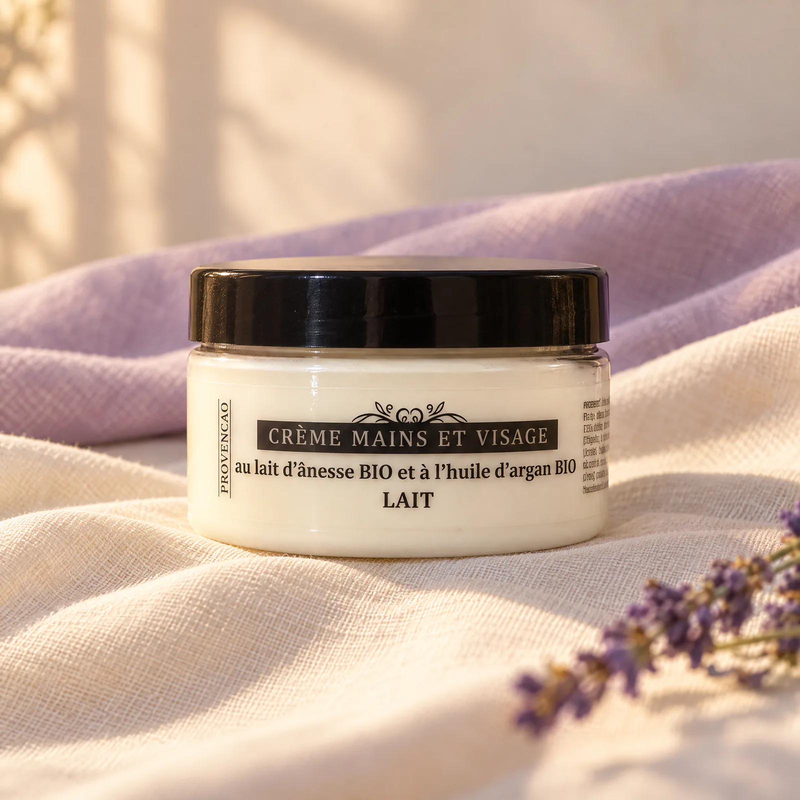 Pot de crème mains et visage au lait d’ânesse et à l’huile d’argan bio, couvercle noir