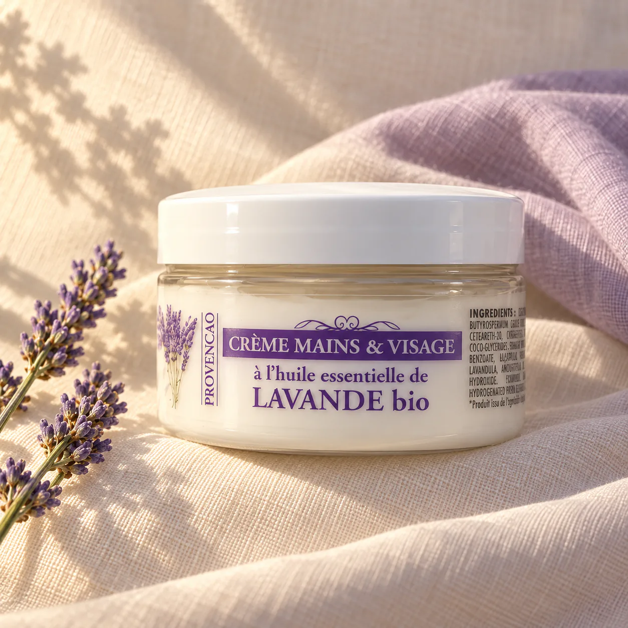 Pot de crème mains et visage à l’huile essentielle de lavande bio, couvercle blanc