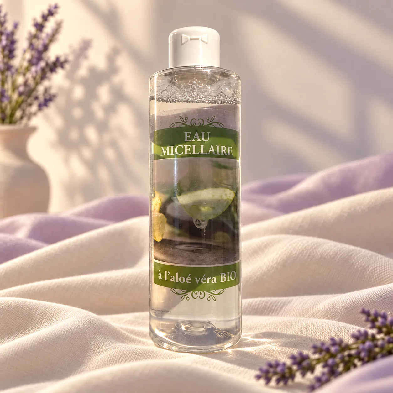 Flacon transparent d’eau micellaire à l’aloe vera bio sur un drapé crème