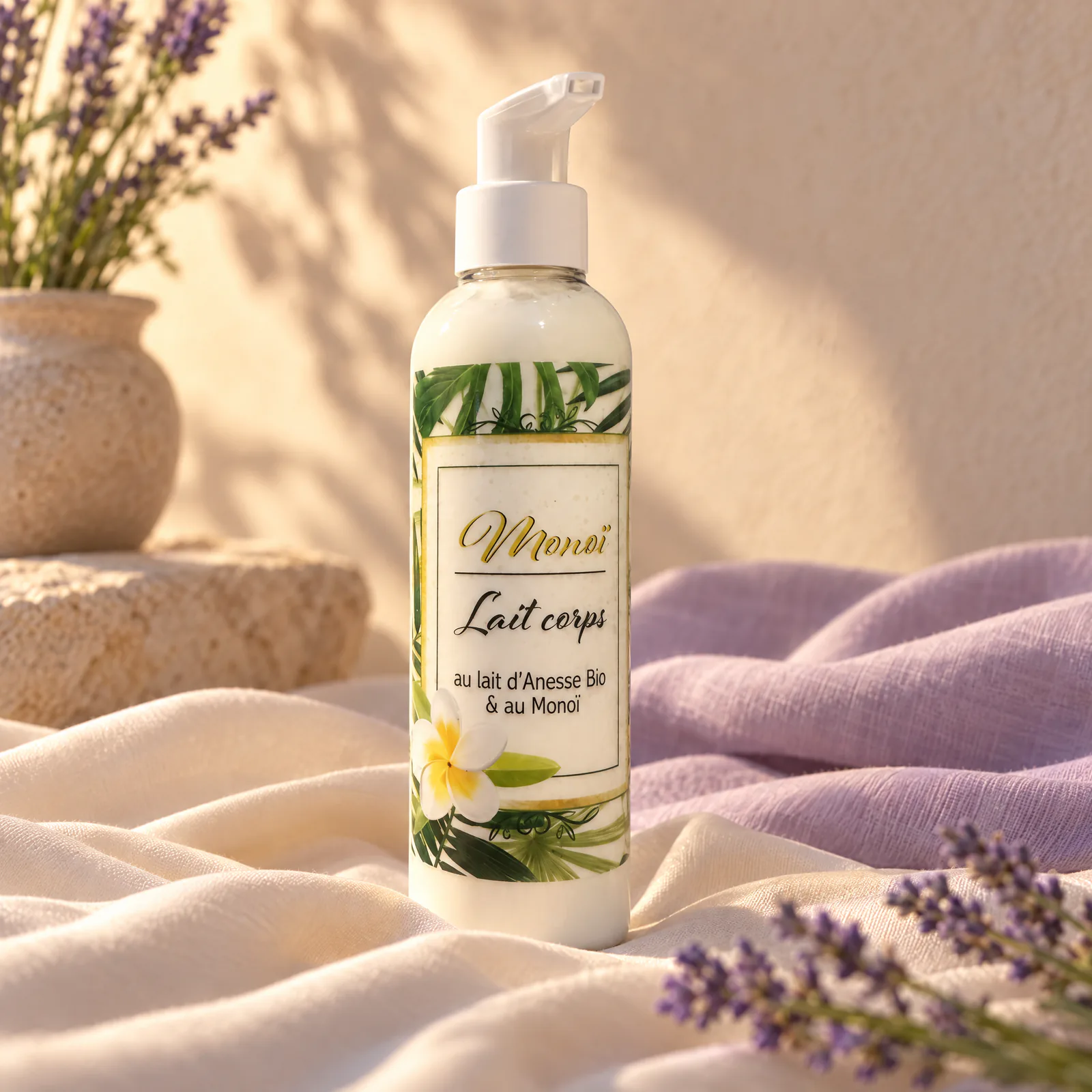 Flacon pompe de lait corps monoï au lait d’ânesse bio avec étiquette tropicale