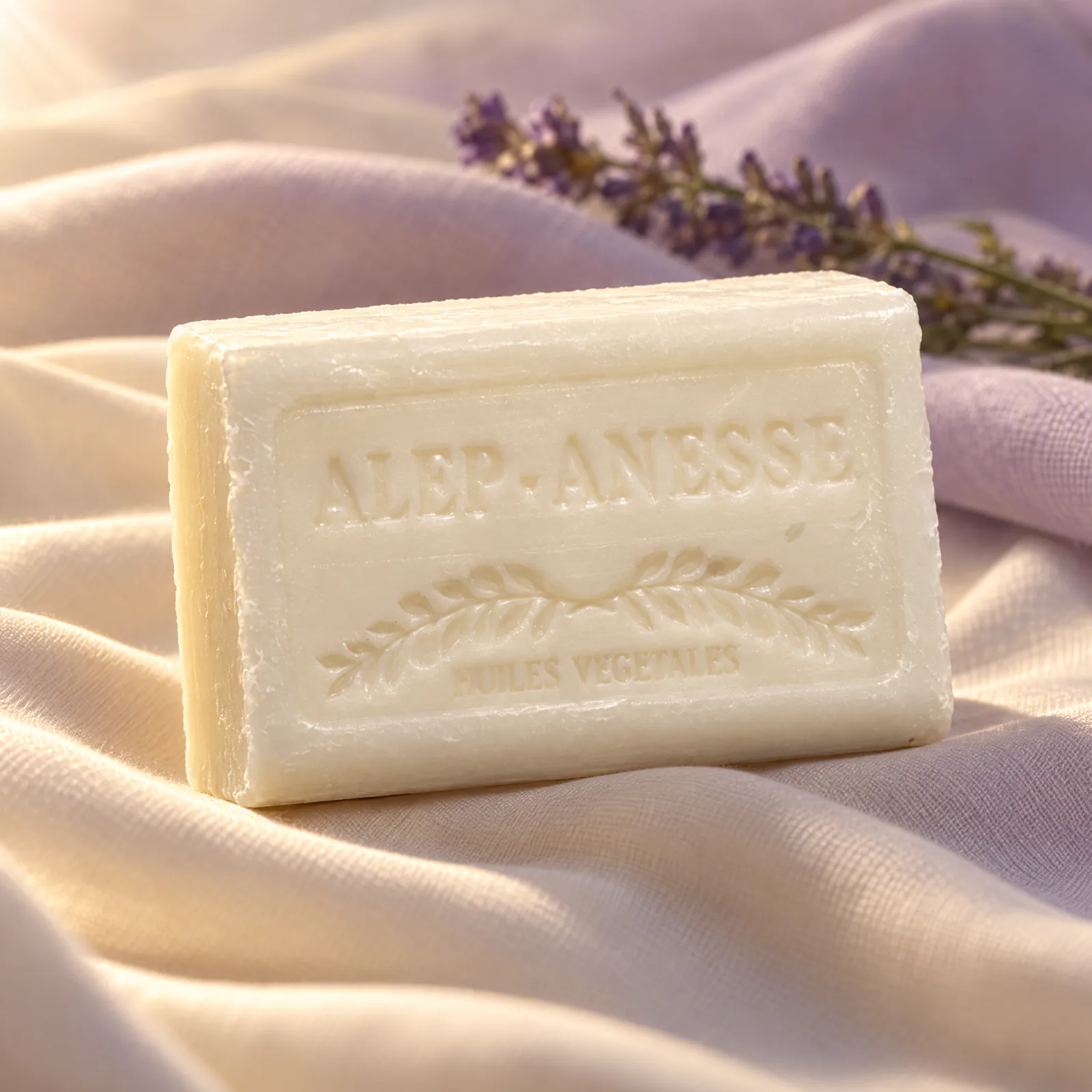 Savon ivoire gravé Alep-Ânesse et savon rose gravé Rose côte à côte sur un drapé crème