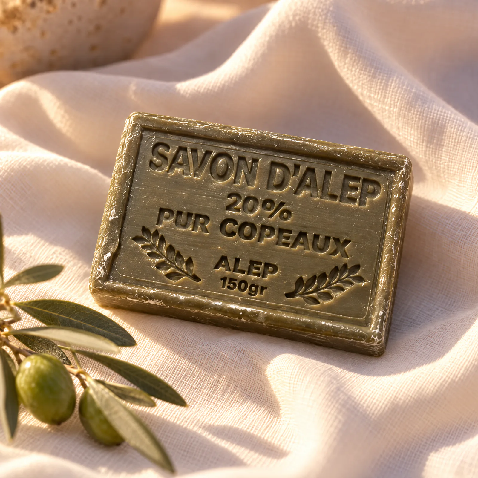 Savon d’Alep aux copeaux, parfum olive, pain rectangulaire gravé