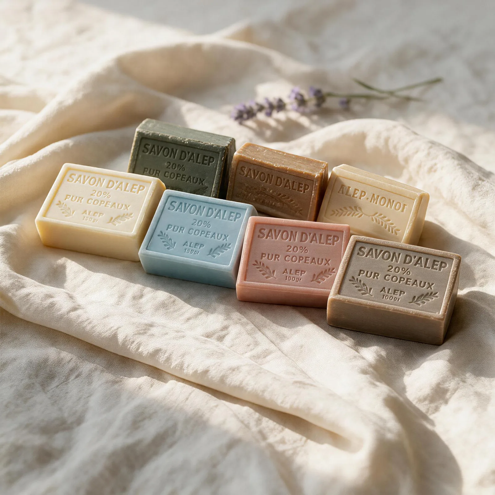 Savon d’Alep aux copeaux, parfum olive, pain rectangulaire gravé