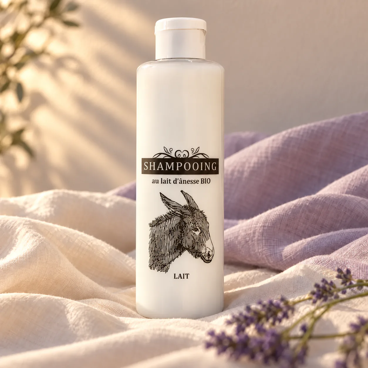 Flacon de shampooing au lait d’ânesse bio sur un drapé crème