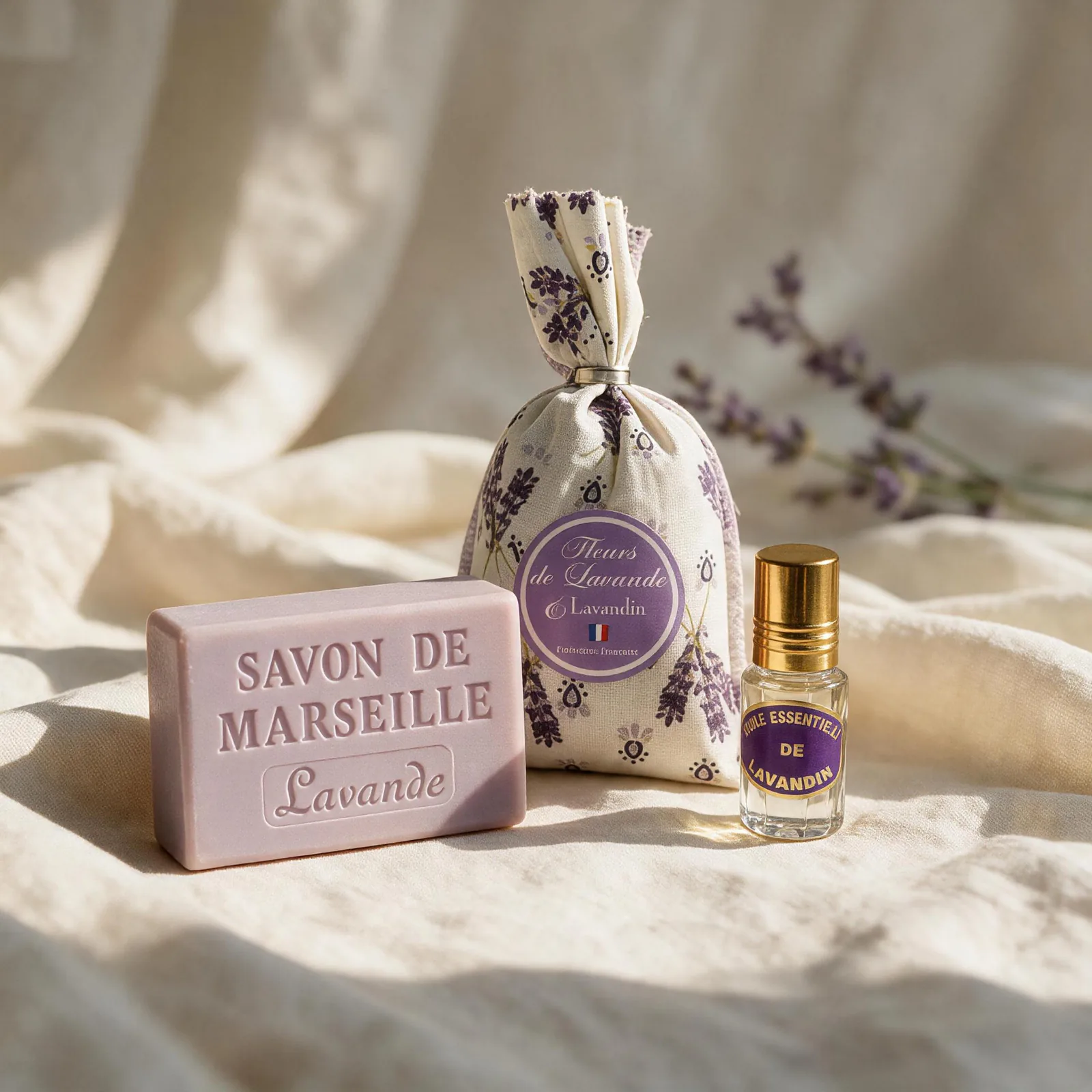 Savon de Marseille à la lavande, sachet de lavande et roll-on de lavandin réunis sur du lin crème