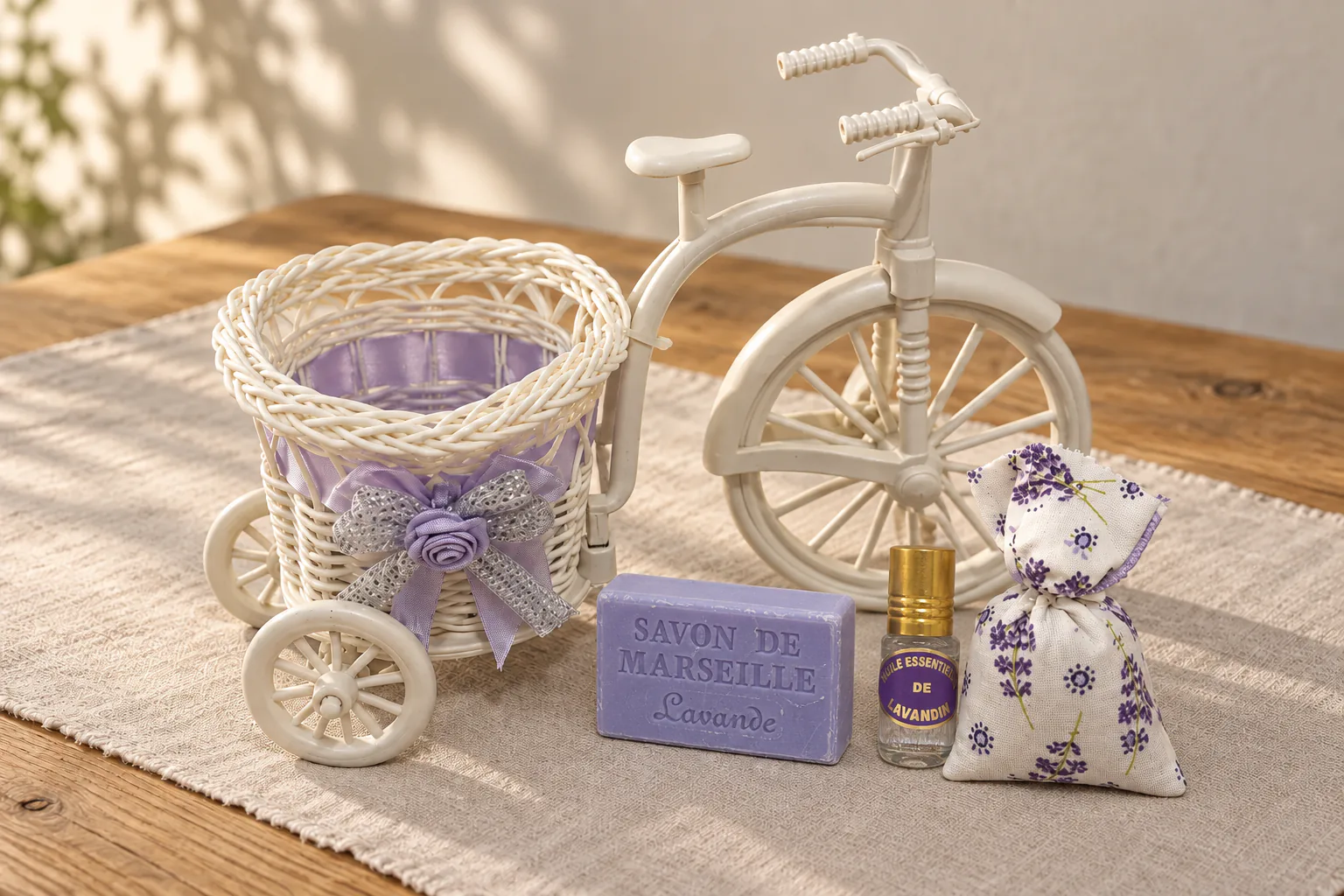 La Petite Reine, petit vélo d’osier et son panier garni