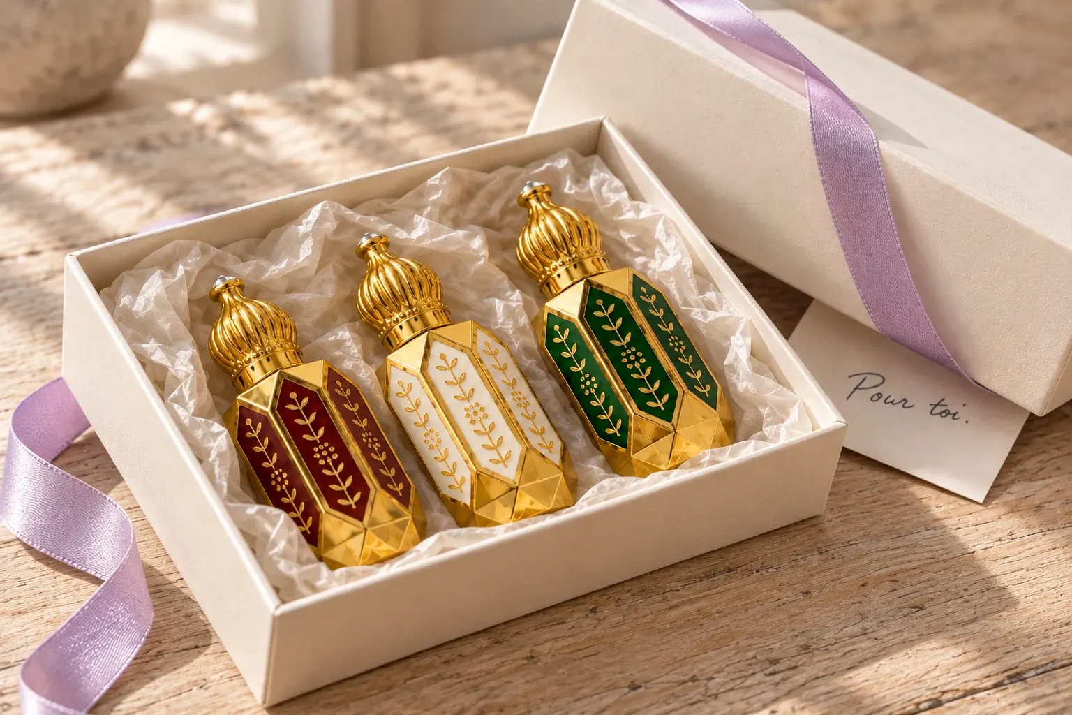 Le coffret ouvert : muscs Grenade, Blanc et Aroussa, papier de soie, ruban et carte